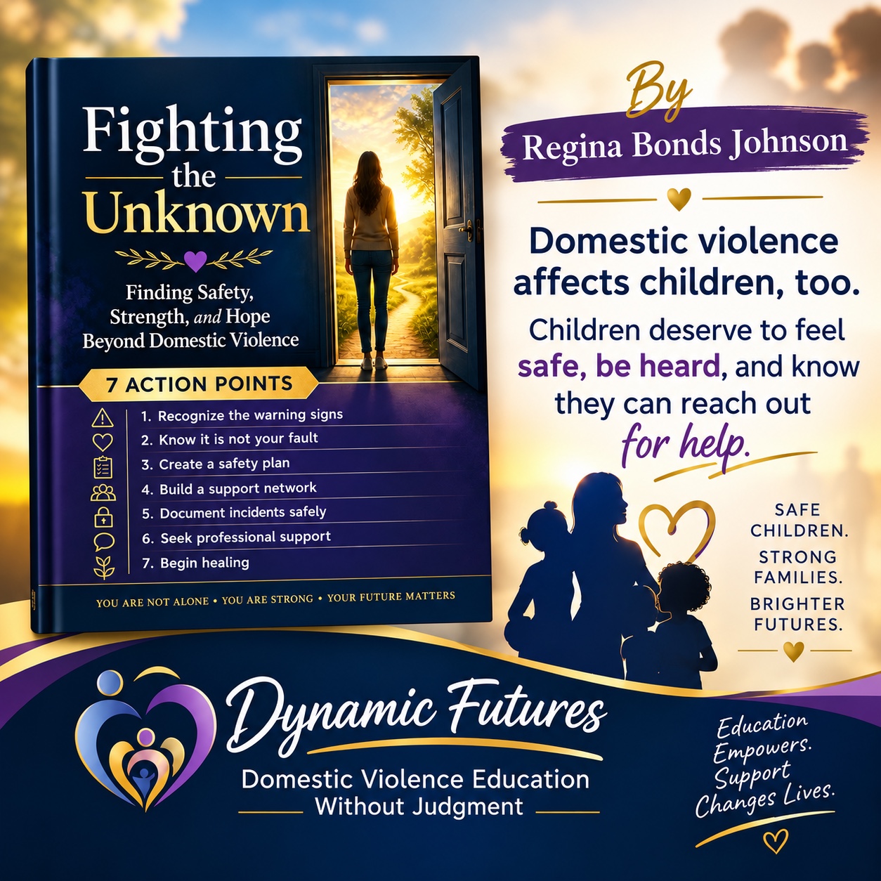 Fighting the Unknown promotional graphic by Regina Bonds Johnson, featuring seven action points and a message about children's safety